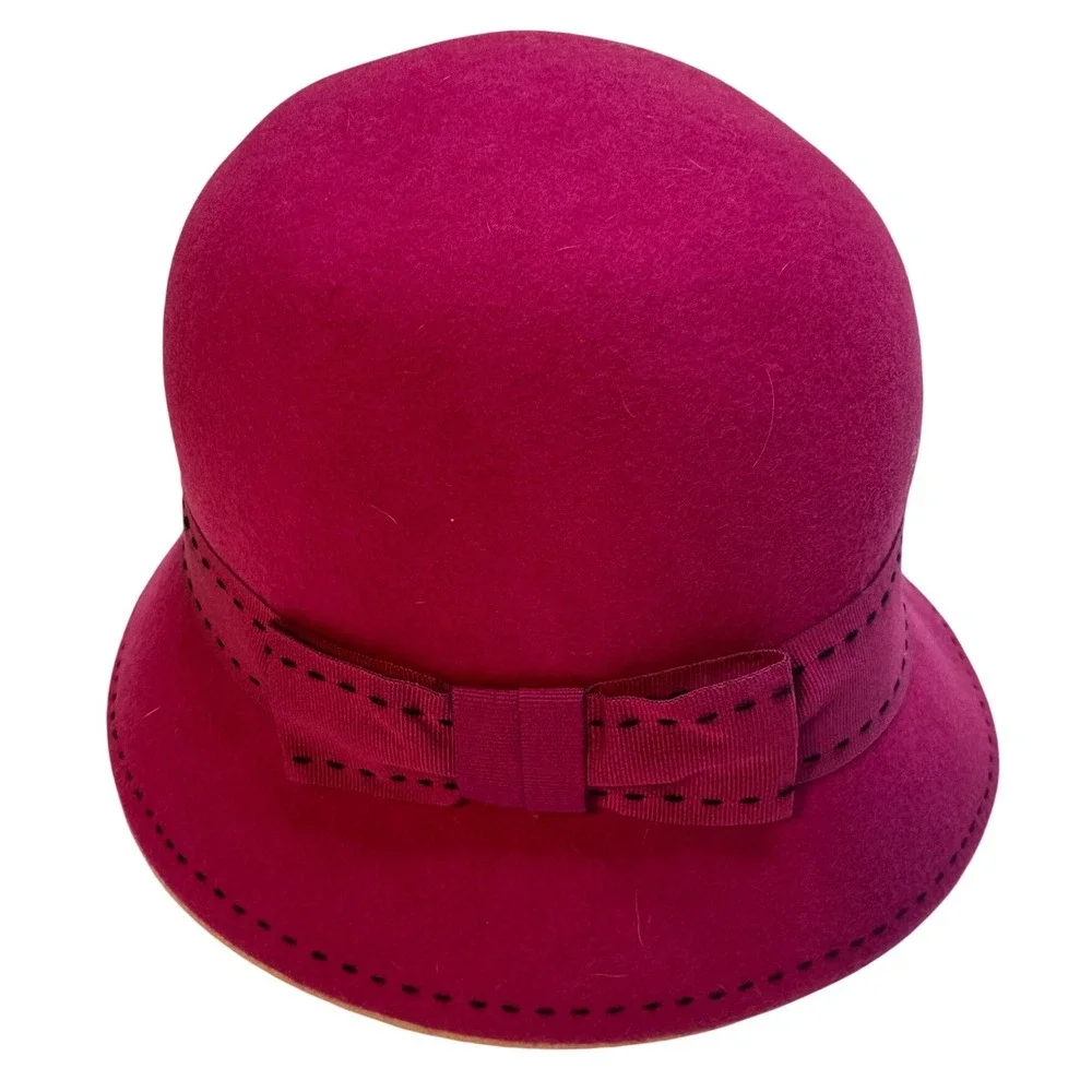 Nordstrom Magenta Pink Wool Cloche Hat Made in Italy Bow Detail Vintage Style